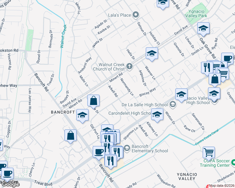 map of restaurants, bars, coffee shops, grocery stores, and more near 1856 Arkell Road in Walnut Creek