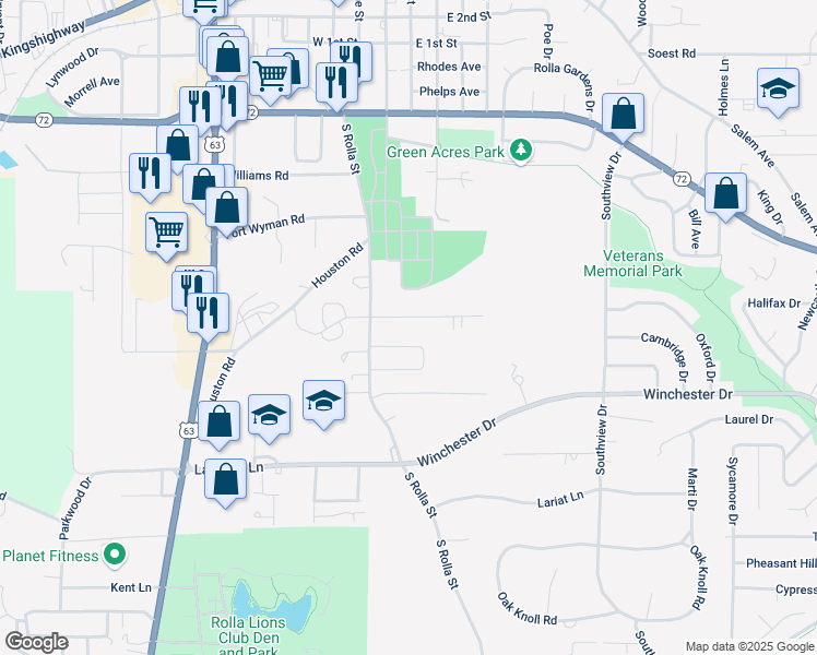 map of restaurants, bars, coffee shops, grocery stores, and more near 203 Christy Drive in Rolla