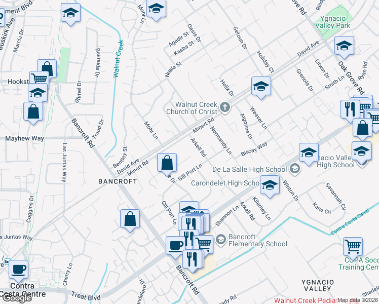 map of restaurants, bars, coffee shops, grocery stores, and more near 2360 La Salle Drive in Walnut Creek