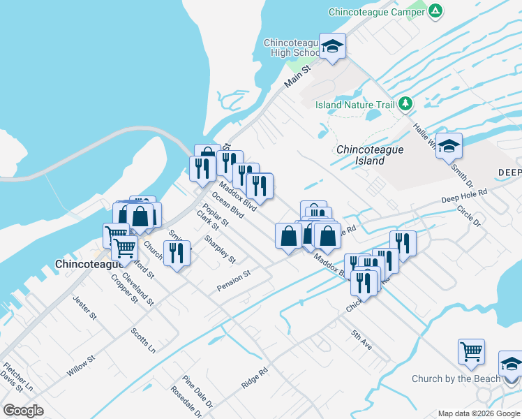 map of restaurants, bars, coffee shops, grocery stores, and more near 6112 Taylor Street in Chincoteague