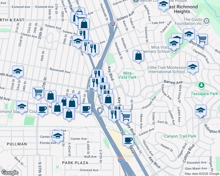 map of restaurants, bars, coffee shops, grocery stores, and more near 504 McLaughlin Street in Richmond