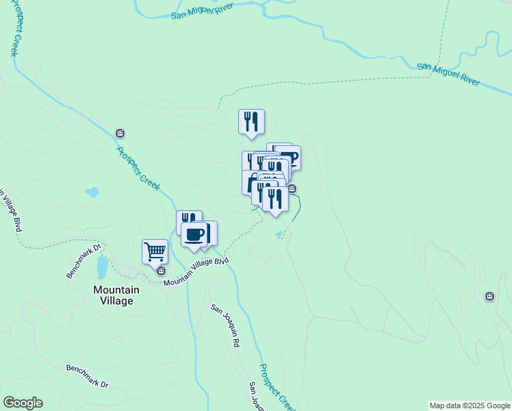 map of restaurants, bars, coffee shops, grocery stores, and more near 565 Mountain Village Boulevard in Mountain Village