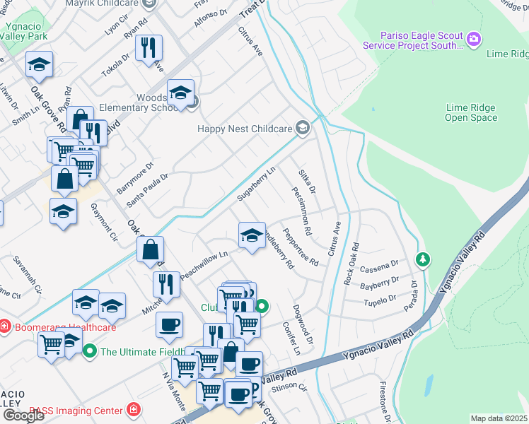 map of restaurants, bars, coffee shops, grocery stores, and more near 657 Joshua Court in Walnut Creek