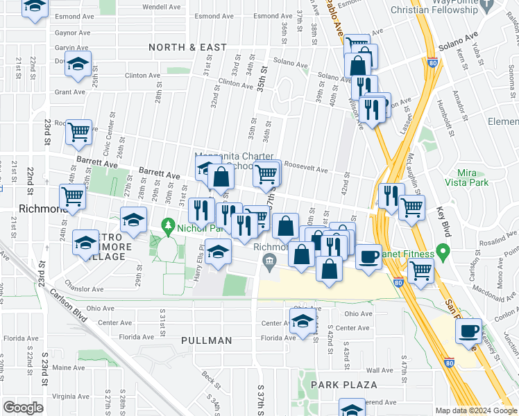 map of restaurants, bars, coffee shops, grocery stores, and more near 3620 Barrett Avenue in Richmond