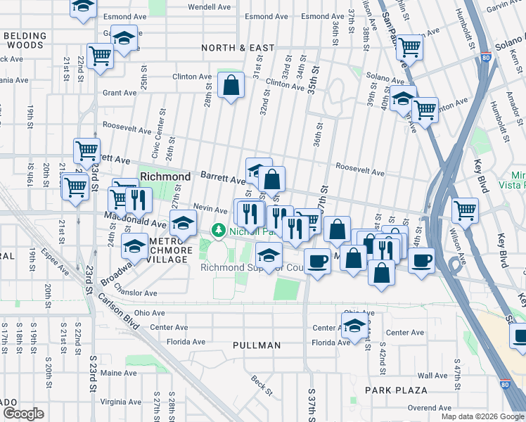 map of restaurants, bars, coffee shops, grocery stores, and more near 456 33rd Street in Richmond
