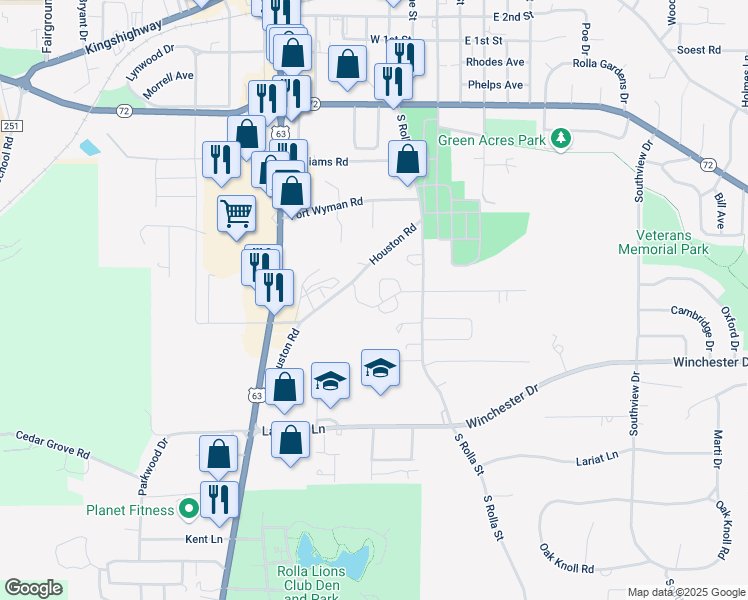map of restaurants, bars, coffee shops, grocery stores, and more near 300 Christy Drive in Rolla