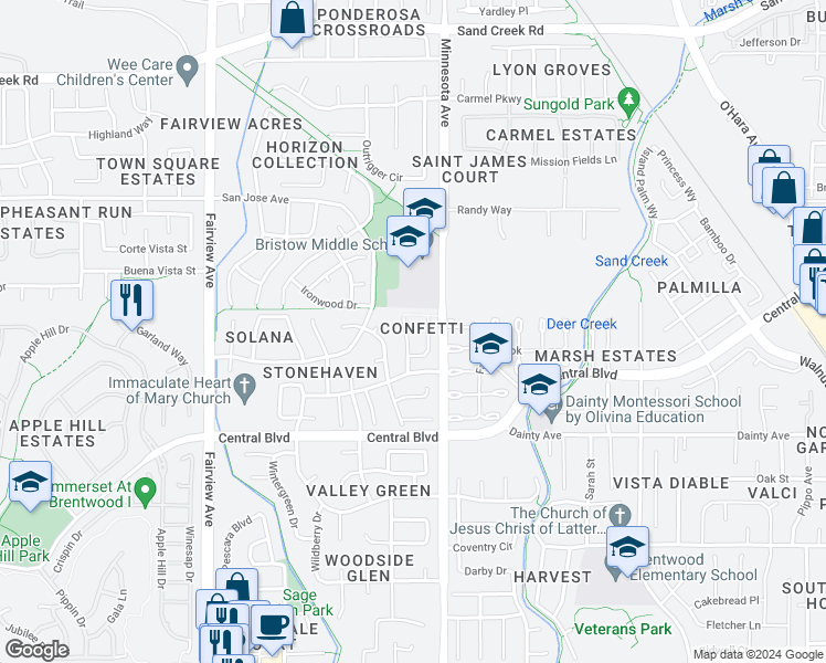 map of restaurants, bars, coffee shops, grocery stores, and more near 744 Allbrook Court in Brentwood
