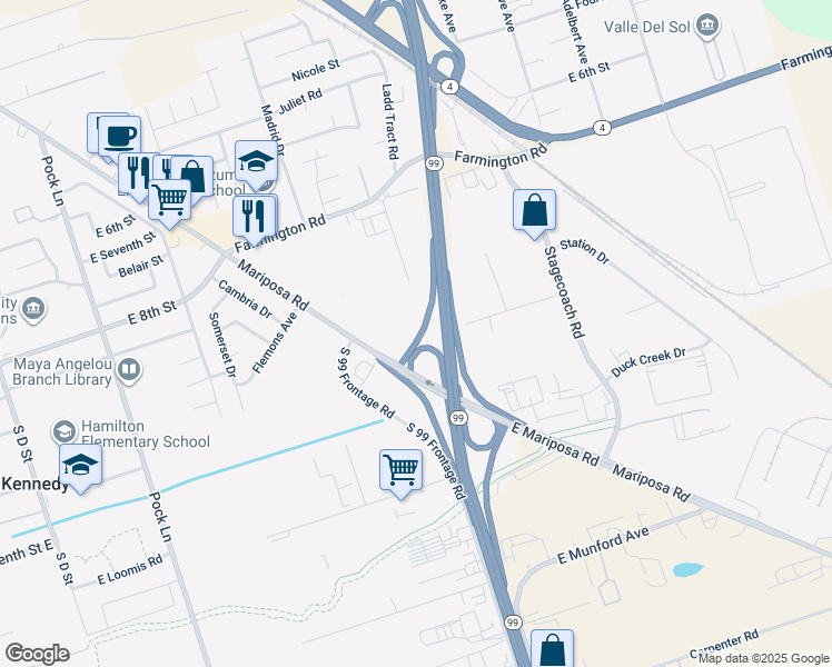 map of restaurants, bars, coffee shops, grocery stores, and more near 2570 East Mariposa Road in Stockton