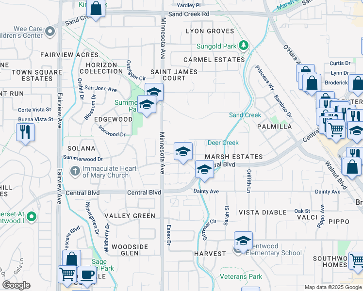 map of restaurants, bars, coffee shops, grocery stores, and more near 745 Rocky Creek Terrace in Brentwood
