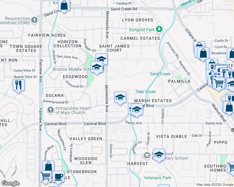 map of restaurants, bars, coffee shops, grocery stores, and more near 740 Forest View Common in Brentwood