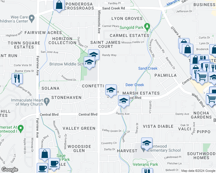 map of restaurants, bars, coffee shops, grocery stores, and more near 740 Forest View Common in Brentwood