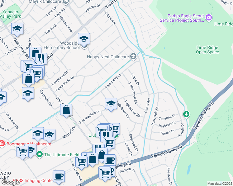 map of restaurants, bars, coffee shops, grocery stores, and more near 657 Joshua Court in Walnut Creek