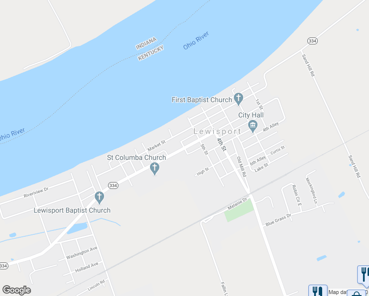 map of restaurants, bars, coffee shops, grocery stores, and more near 6th Street in Lewisport