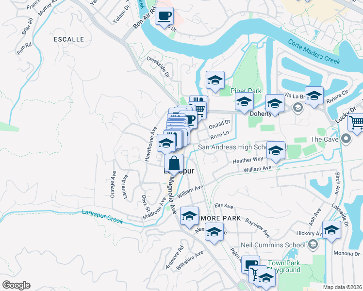 map of restaurants, bars, coffee shops, grocery stores, and more near 488 Magnolia Avenue in Larkspur