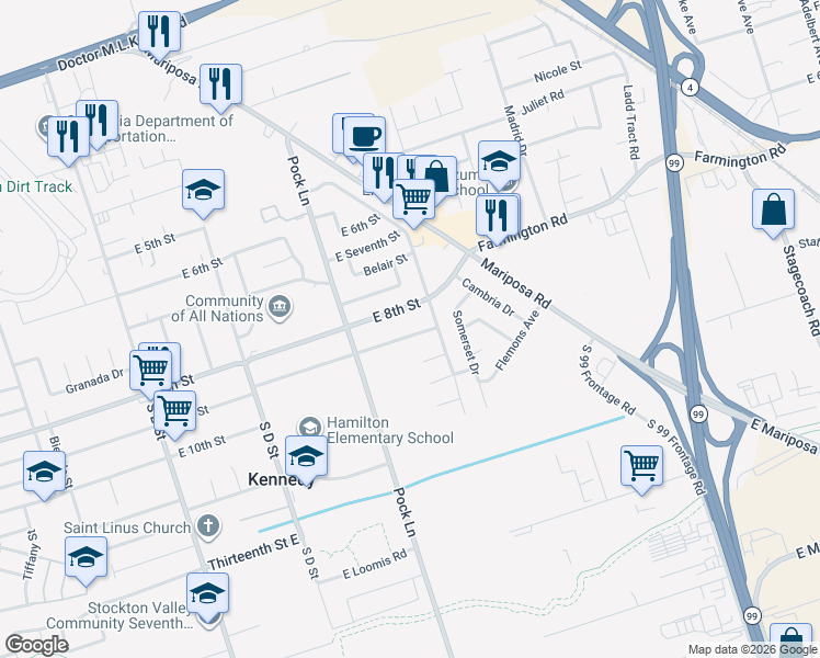 map of restaurants, bars, coffee shops, grocery stores, and more near 2511 East 9th Street in Stockton