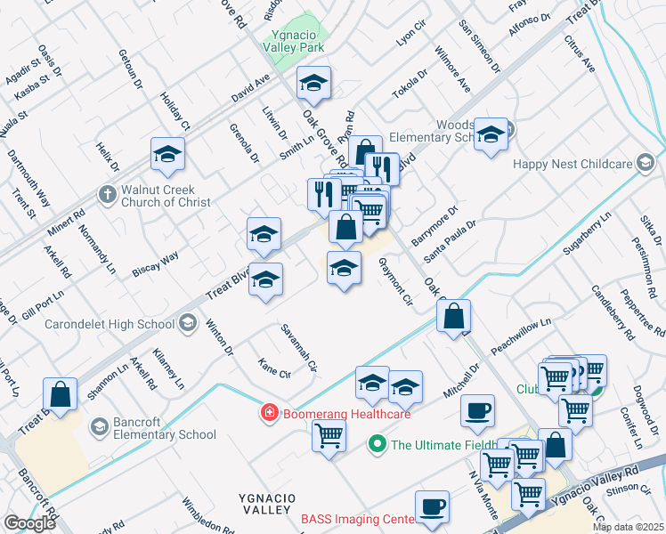 map of restaurants, bars, coffee shops, grocery stores, and more near 2958 Treat Boulevard in Concord