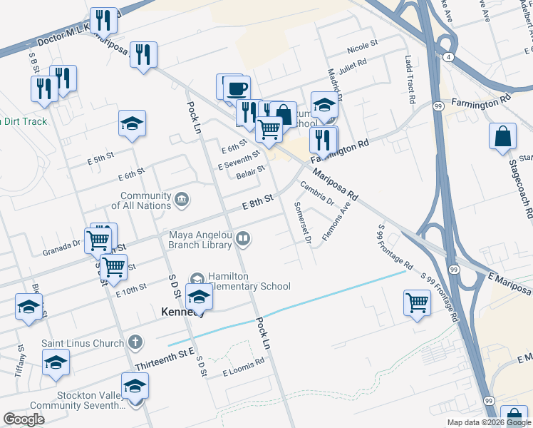 map of restaurants, bars, coffee shops, grocery stores, and more near 2511 East 9th Street in Stockton