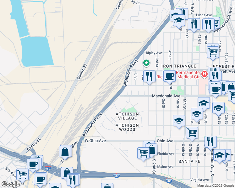 map of restaurants, bars, coffee shops, grocery stores, and more near Richmond Parkway & West Macdonald Avenue in Richmond