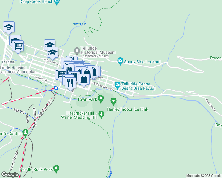 map of restaurants, bars, coffee shops, grocery stores, and more near 598 East Colorado Avenue in Telluride