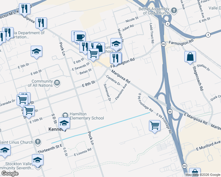 map of restaurants, bars, coffee shops, grocery stores, and more near 2257 Cambria Drive in Stockton