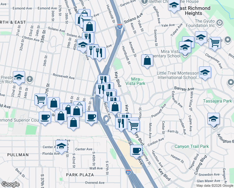 map of restaurants, bars, coffee shops, grocery stores, and more near 536 Key Boulevard in Richmond