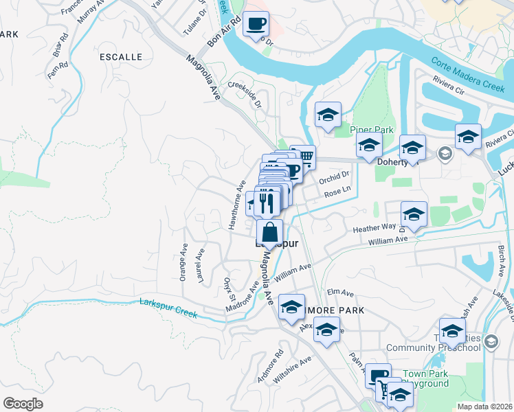 map of restaurants, bars, coffee shops, grocery stores, and more near in Larkspur