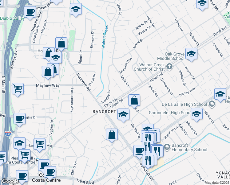 map of restaurants, bars, coffee shops, grocery stores, and more near 1267 David Avenue in Concord
