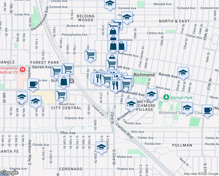 map of restaurants, bars, coffee shops, grocery stores, and more near 2207 Macdonald Avenue in Richmond