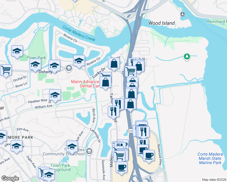 map of restaurants, bars, coffee shops, grocery stores, and more near 199 Tamal Vista Boulevard in Corte Madera