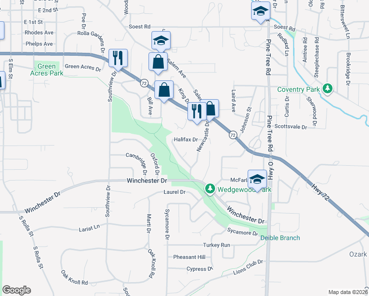 map of restaurants, bars, coffee shops, grocery stores, and more near 905 Hampton Court in Rolla