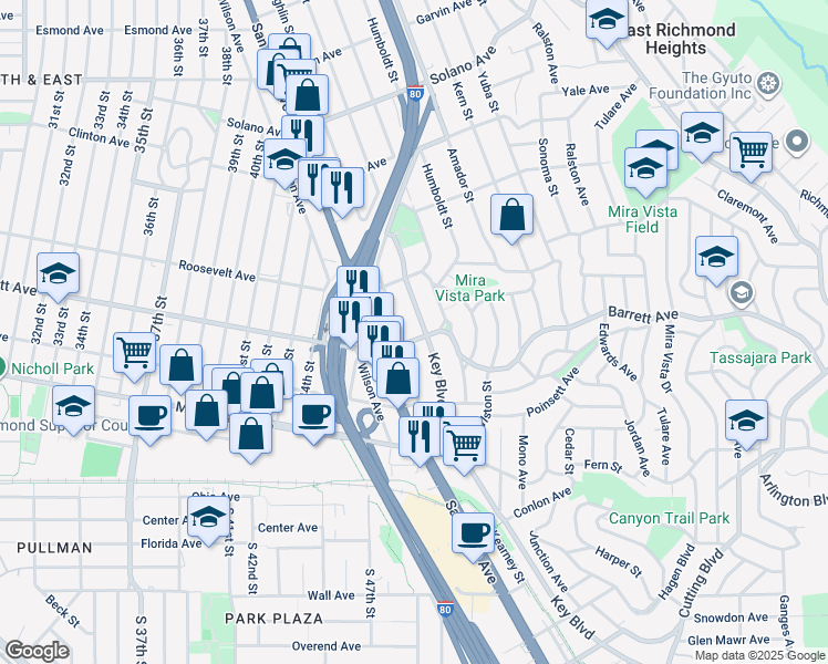 map of restaurants, bars, coffee shops, grocery stores, and more near 536 Key Boulevard in Richmond