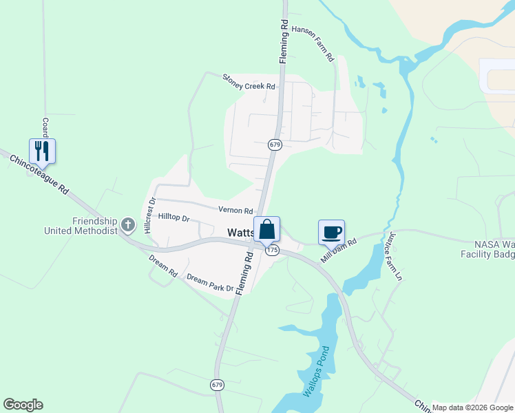 map of restaurants, bars, coffee shops, grocery stores, and more near 7266-7278 Fleming Road in New Church