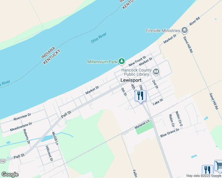 map of restaurants, bars, coffee shops, grocery stores, and more near 6th Street in Lewisport