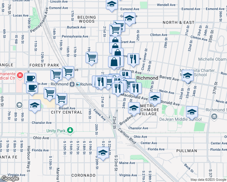 map of restaurants, bars, coffee shops, grocery stores, and more near in Richmond