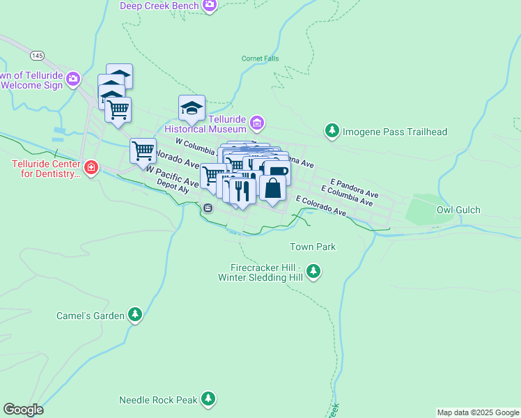 map of restaurants, bars, coffee shops, grocery stores, and more near 120 South Pine Street in Telluride