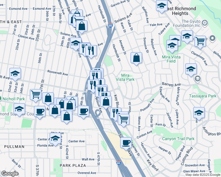 map of restaurants, bars, coffee shops, grocery stores, and more near 536 Key Boulevard in Richmond