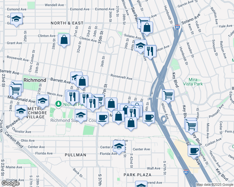 map of restaurants, bars, coffee shops, grocery stores, and more near 500 38th Street in Richmond