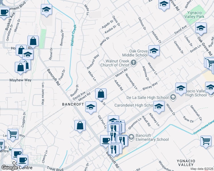 map of restaurants, bars, coffee shops, grocery stores, and more near 730 Minert Road in Walnut Creek