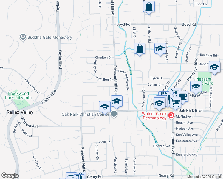 map of restaurants, bars, coffee shops, grocery stores, and more near 700 Cumberland Drive in Pleasant Hill