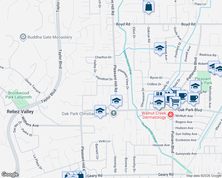 map of restaurants, bars, coffee shops, grocery stores, and more near 700 Cumberland Drive in Pleasant Hill
