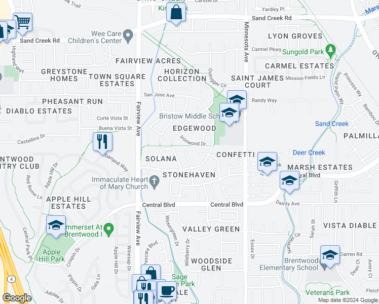 map of restaurants, bars, coffee shops, grocery stores, and more near 760 Cherry Tree Court in Brentwood