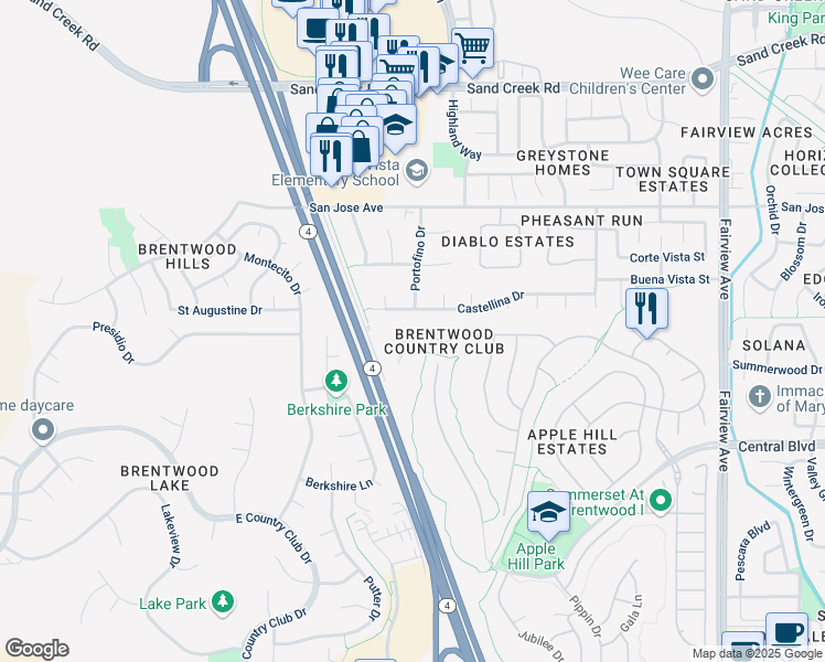 map of restaurants, bars, coffee shops, grocery stores, and more near 2295 Spartan Terrace in Brentwood