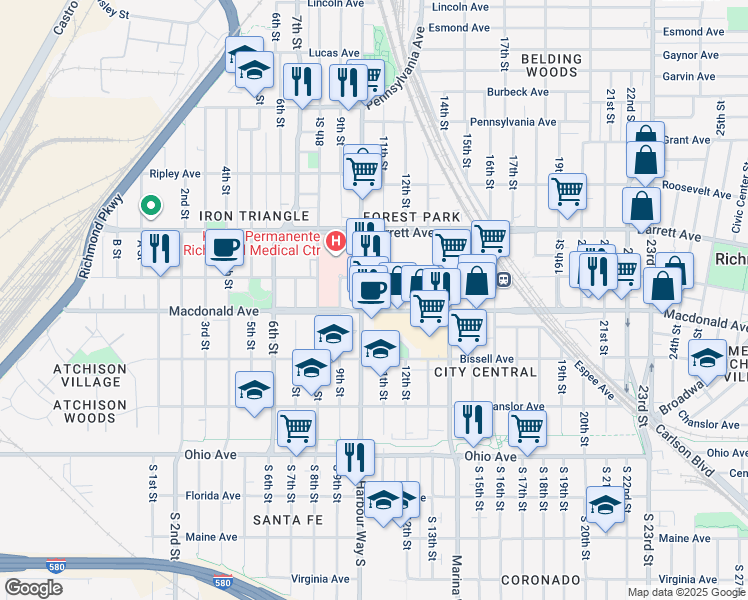 map of restaurants, bars, coffee shops, grocery stores, and more near 1017 Macdonald Avenue in Richmond