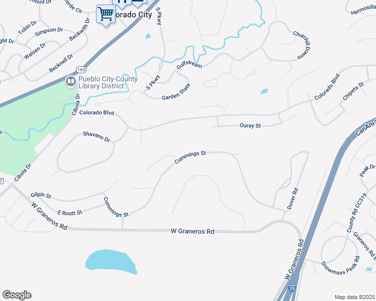 map of restaurants, bars, coffee shops, grocery stores, and more near 4591-4593 Cummings Street in Pueblo