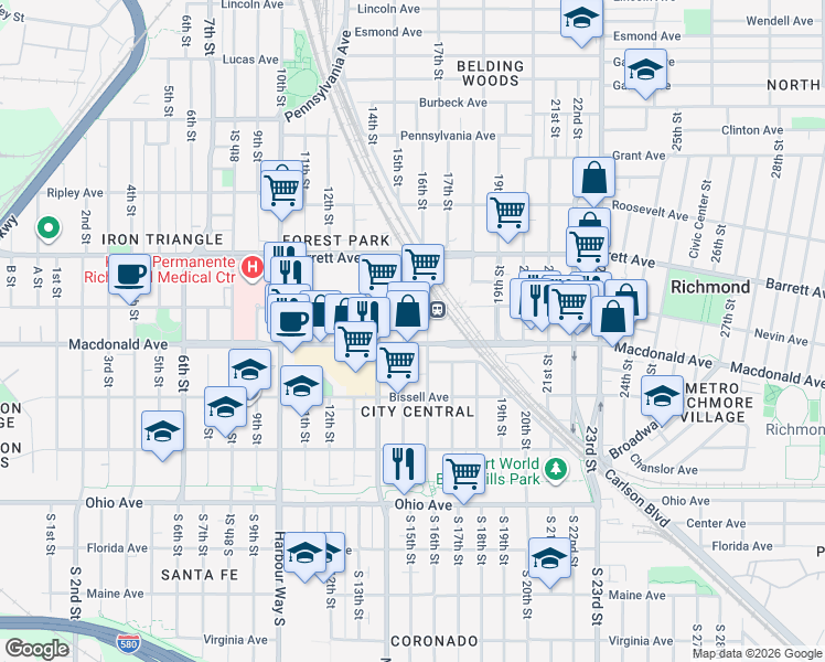 map of restaurants, bars, coffee shops, grocery stores, and more near 269 16th Street in Richmond
