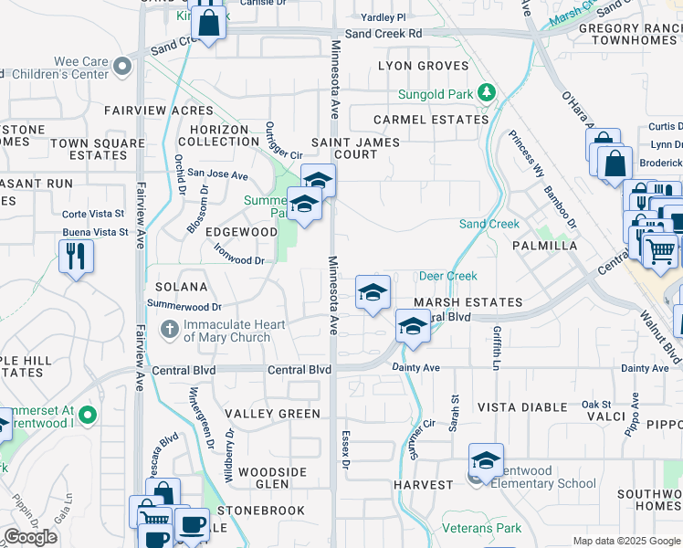 map of restaurants, bars, coffee shops, grocery stores, and more near 925 Elk Run Terrace in Brentwood