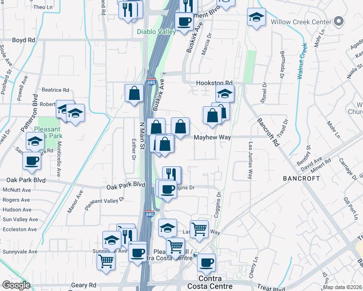 map of restaurants, bars, coffee shops, grocery stores, and more near 76 Mayhew Way in Pleasant Hill