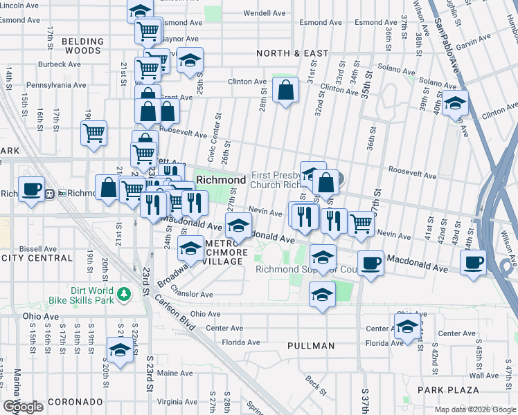 map of restaurants, bars, coffee shops, grocery stores, and more near 420 28th Street in Richmond