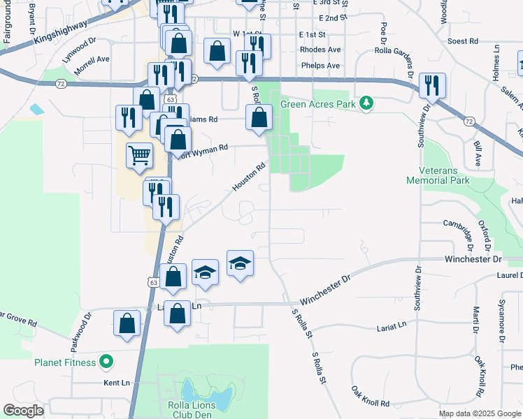 map of restaurants, bars, coffee shops, grocery stores, and more near 652 South Rolla Street in Rolla