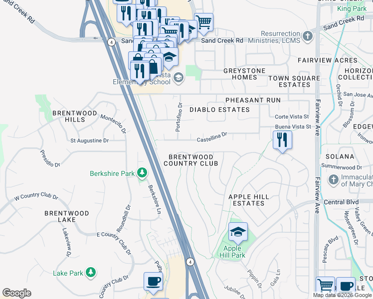 map of restaurants, bars, coffee shops, grocery stores, and more near 2271 Spartan Terrace in Brentwood